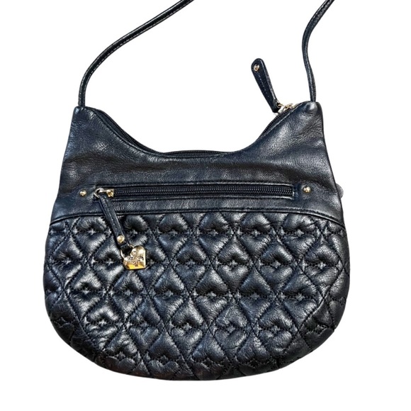 Stone Mountain Heart Quilt Leather Black Cross Body Purse Gold Charm Zipper Bag - Picture 2 of 16